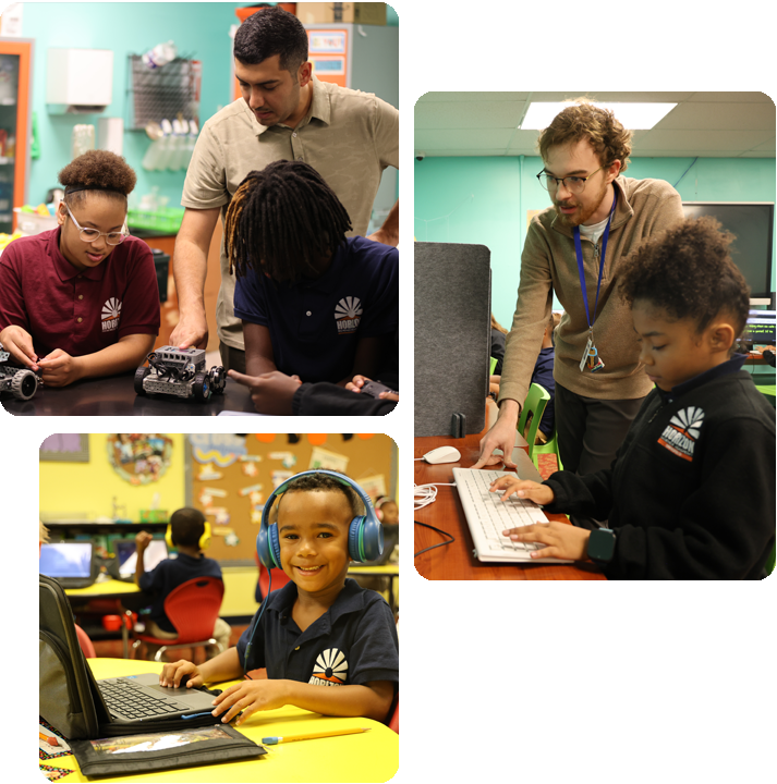 Students engaged in various activities in a science lab, showcasing teamwork and experimentation