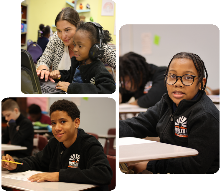 Collage showcasing various student activities including academics, science, and hands-on projects.